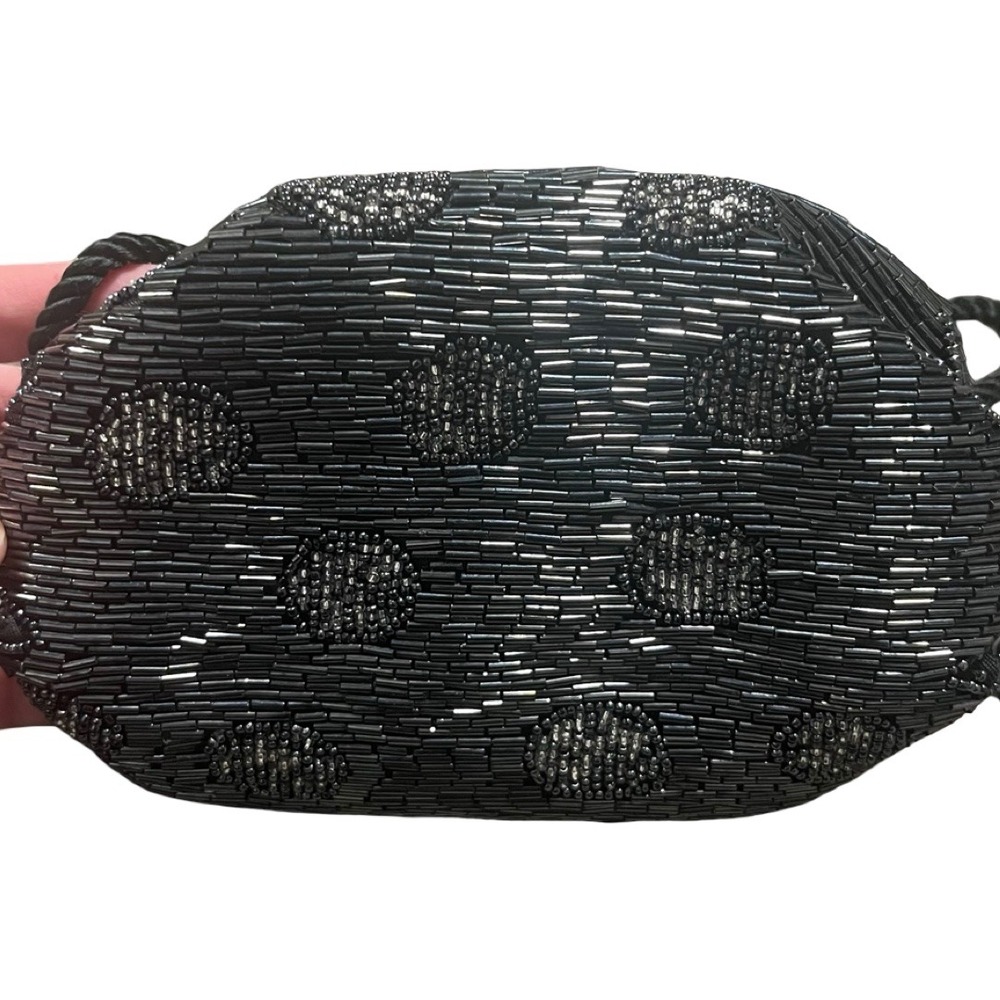 Vintage Beaded Evening Shoulder Bag Gunmetal Silver Polka Dot Zipper Purse‎